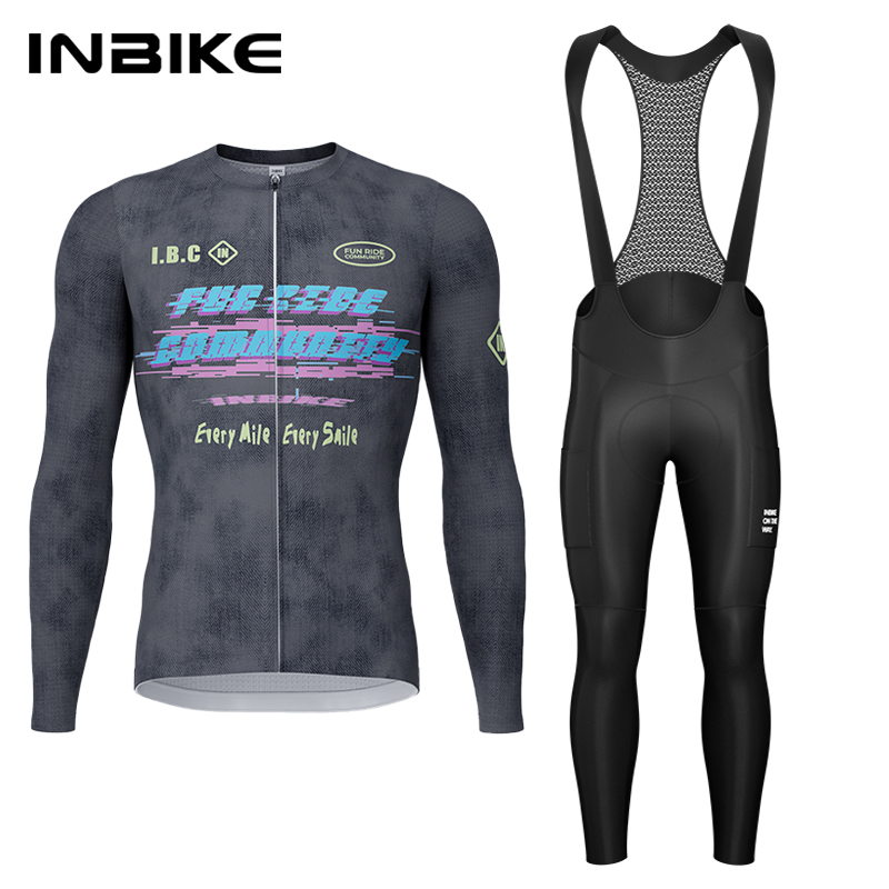 Mountain Biking Trousers - INBIKE 春秋サイクリングセット サイクリングジャージ 長袖ビブパンツ パッド付き マウンテンロードバイクスーツ